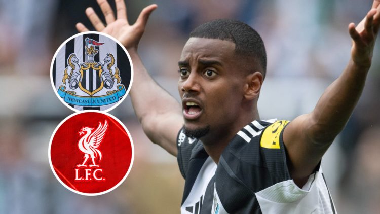 Alexander Isak reacts while playing for Newcastle United, Newcastle United badge, Liverpool badge