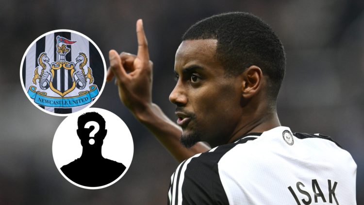 Alexander Isak playing for Newcastle United, Newcastle United badge, mystery player