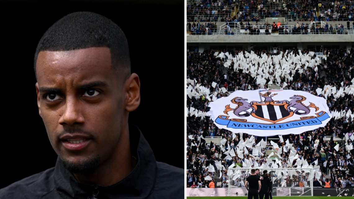 Alexander Isak warms up for Newcastle United, Newcastle United fans hold up a banner of the club badge.