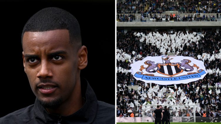 Alexander Isak warms up for Newcastle United, Newcastle United fans hold up a banner of the club badge.