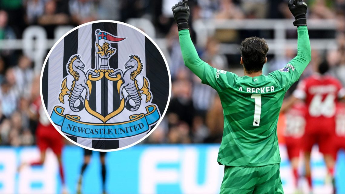 Alisson Becker celebrates after a goal in a Premier League game between Newcastle United and Liverpool. Inset: The Newcastle United badge on a flag.