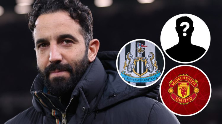 Ruben Amorim on the touchline during Manchester United vs Real Sociedad. Inset: the Newcastle United badge, Manchester United badge and a mystery p...