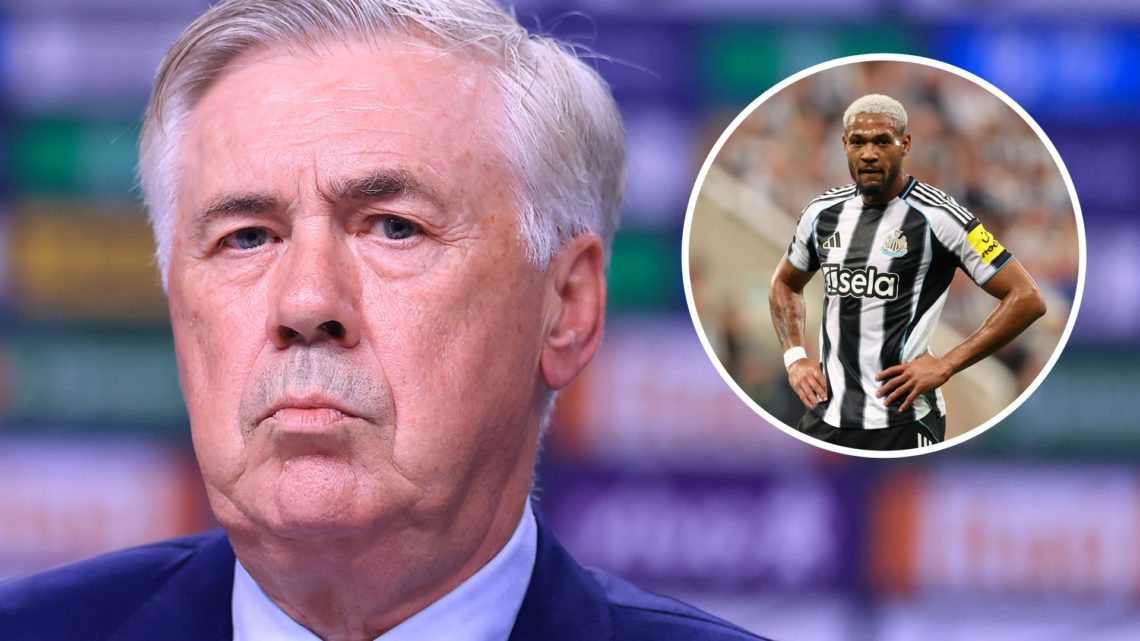 Brazil manager Carlo Ancelotti looks on during a press conference. Inset, Joelinton looks on during Newcastle United vs Liverpool.