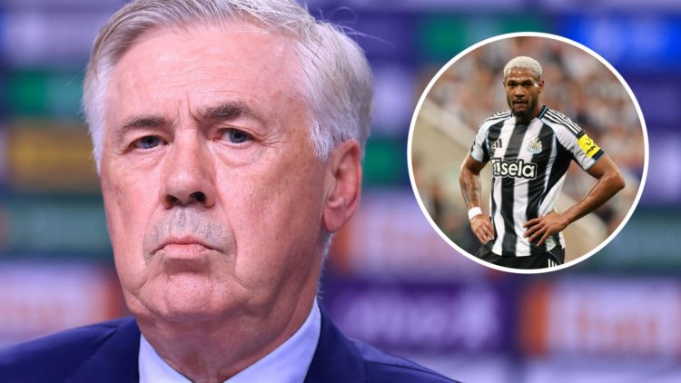 Brazil manager Carlo Ancelotti looks on during a press conference. Inset, Joelinton looks on during Newcastle United vs Liverpool.