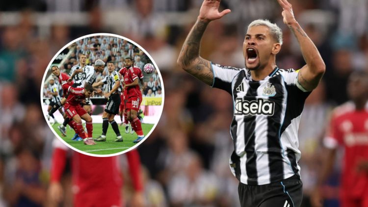 Bruno Guimaraes scores for Newcastle United, Bruno Guimaraes celebrates scoring against Liverpool.