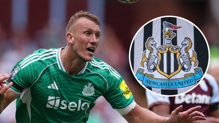 Dan Burn heads the ball during a Premier League game between Aston Villa and Newcastle United. Inset: the Newcastle United badge on a flag.