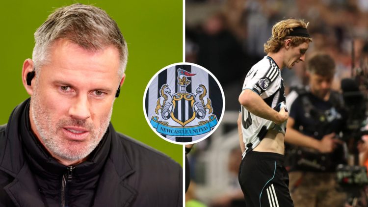 Jamie Carragher doing punditry during a game between Newcastle United and Paris Saint-Germain. Anthony Gordon leaves the pitch after being sent off...