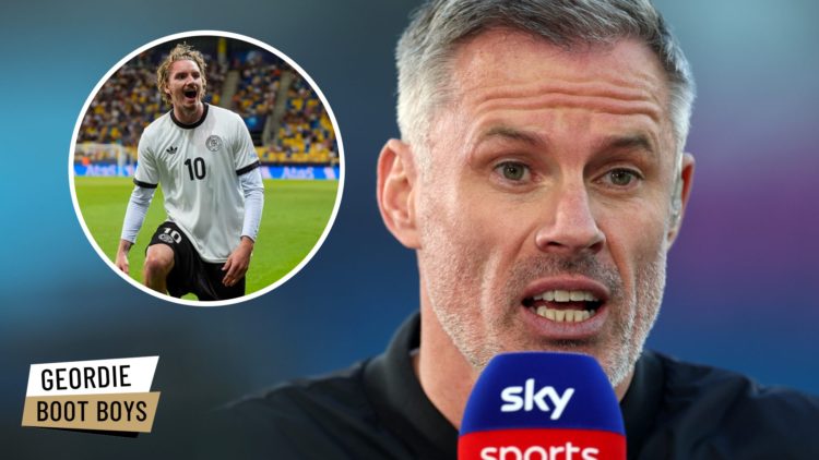Jamie Carragher working as a pundit for Sky Sports. Inset: Nick Woltemade and the Geordie Boot Boys logo