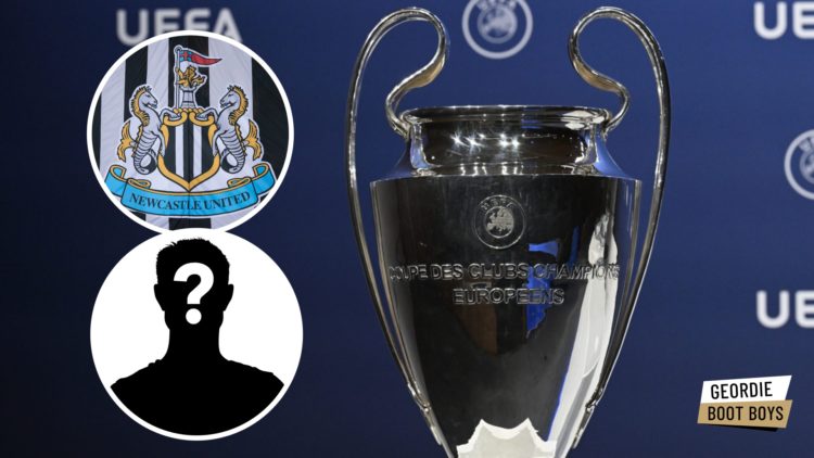 General photo of the Champions League trophy, Newcastle United badge, mystery player