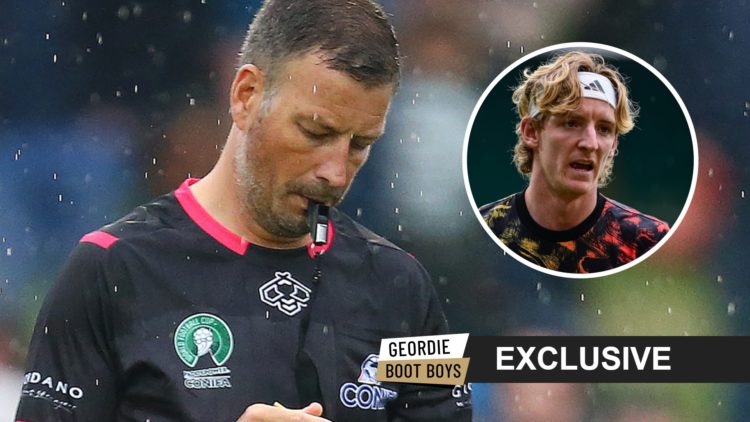 Mark Clattenburg writes in a notebook during Northern Cyprus v Karpatalya. Inset: Newcastle United player Anthony Gordon, an exclusive banner and G...