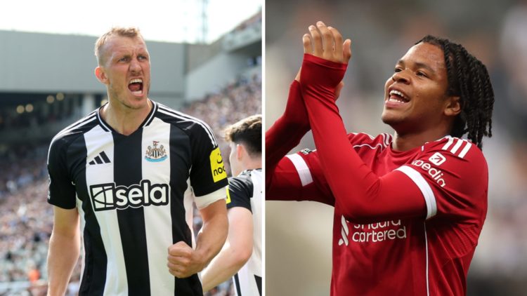 Dan Burn celebrates Newcastle United scoring a goal, Rio Ngumoha celebrates after his winner for Liverpool against Newcastle United.