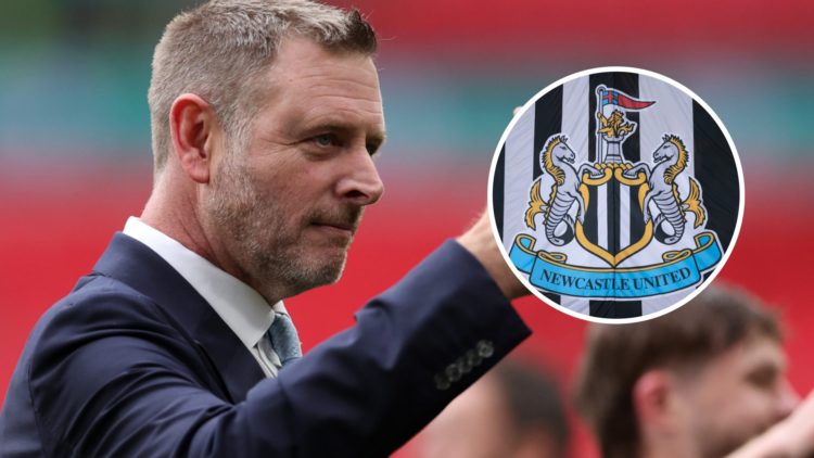 Peterborough United chairman Darragh MacAnthony gives a thumbs up, Newcastle United badge
