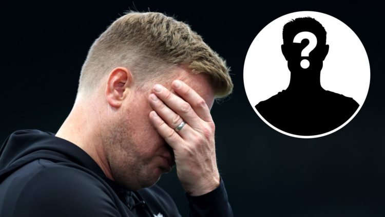 Eddie Howe looks dejected on the touchline during Newcastle United's game against Aston Villa. Inset, mystery person graphic.