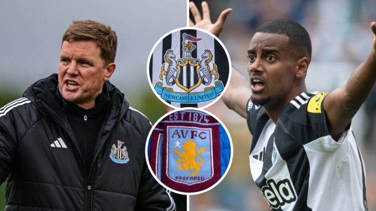 Eddie Howe coaching Newcastle United, Alexander Isak reacts playing for Newcastle United, Newcastle United badge, Aston Villa badge