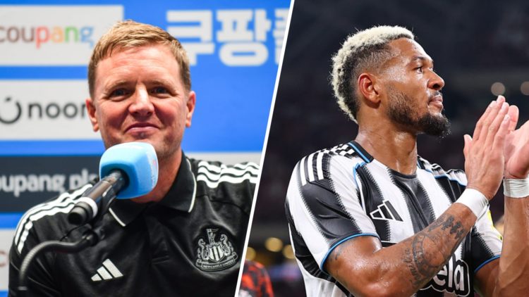 Newcastle United manager Eddie Howe speaks to the media, Joelinton claps the Newcastle United fans.
