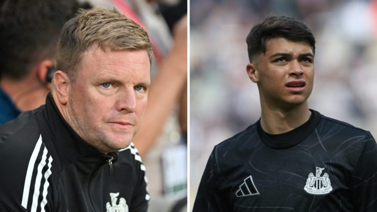 Newcastle United manager Eddie Howe looks on, Lewis Miley warms up for Newcastle United.