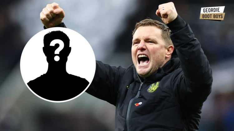 Eddie Howe celebrates a Newcastle United win, mystery player