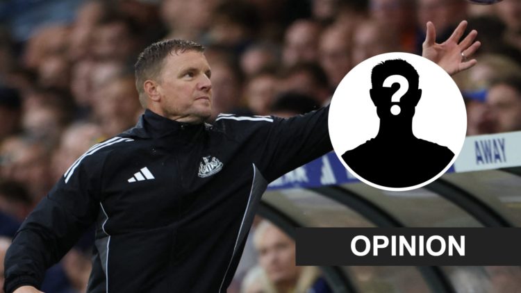 Eddie Howe catches the ball during Leeds vs Newcastle United, mystery player