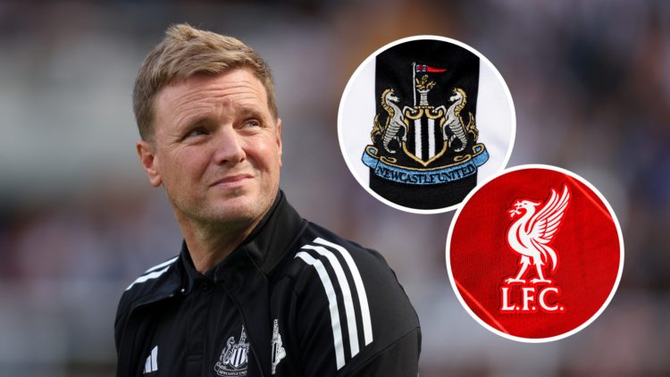 Newcastle United manager Eddie Howe looks on, Newcastle United badge, Liverpool badge