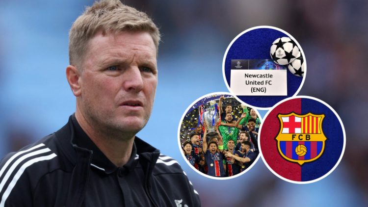 Eddie Howe looks, Newcastle United's Champions League ball, Marquinhos lifts the Champions League trophy, Barcelona badge