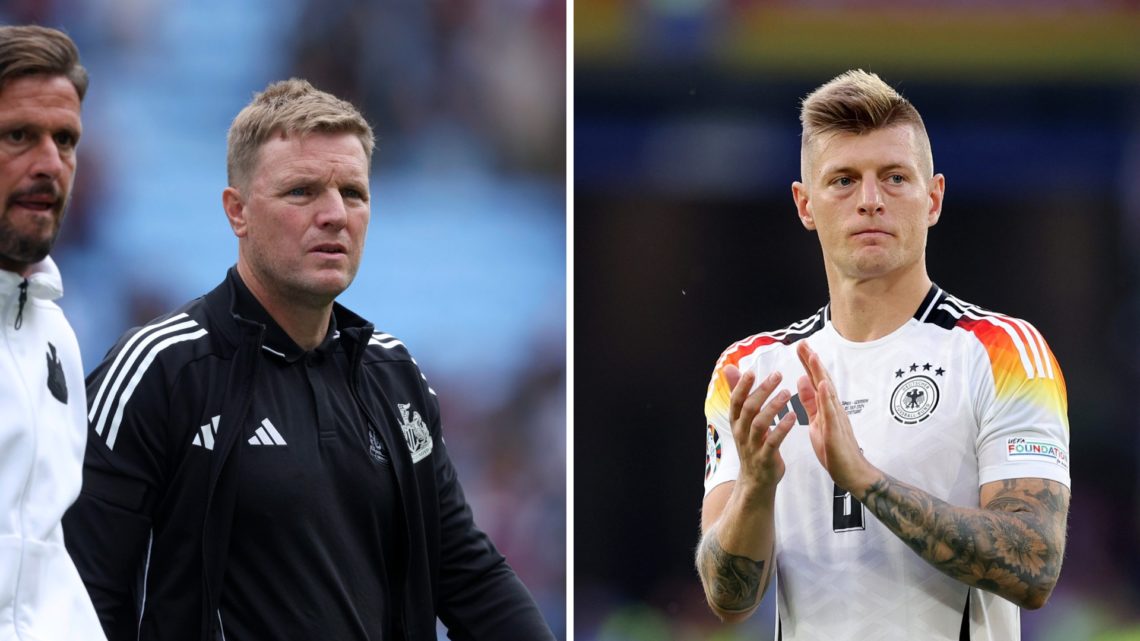 Newcastle United manager Eddie Howe looks on, Toni Kroos playing for Germany.