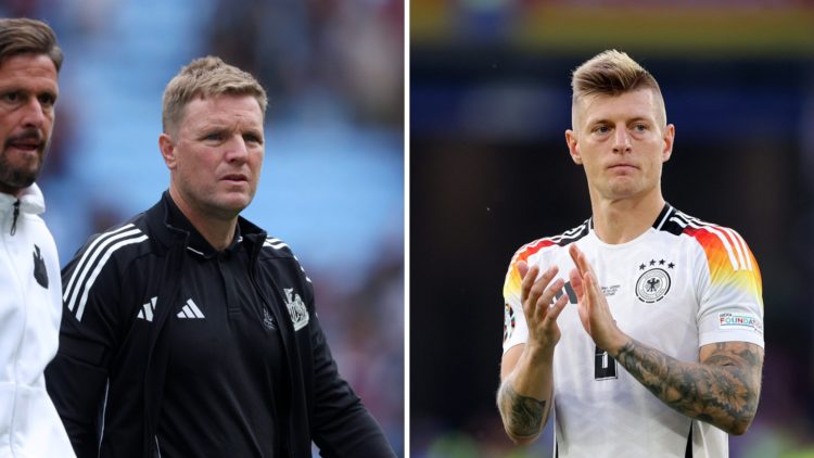 Newcastle United manager Eddie Howe looks on, Toni Kroos playing for Germany.
