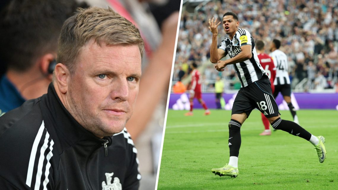 Newcastle United manager Eddie Howe looks on, Will Osula celebrates scoring for Newcastle United.