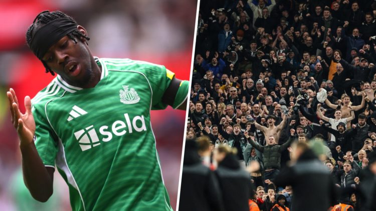 Anthony Elanga reacts during Newcastle United's Premier League game against Aston Villa. Newcastle United fans celebrate after a goal in the Premie...