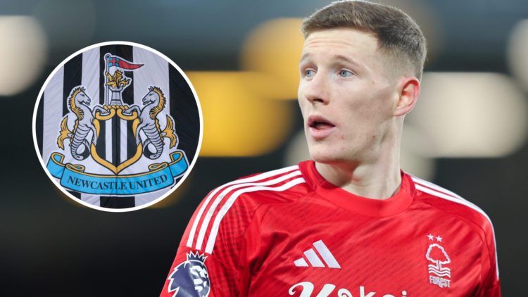 Elliot Anderson playing for Nottingham Forest, Newcastle United badge