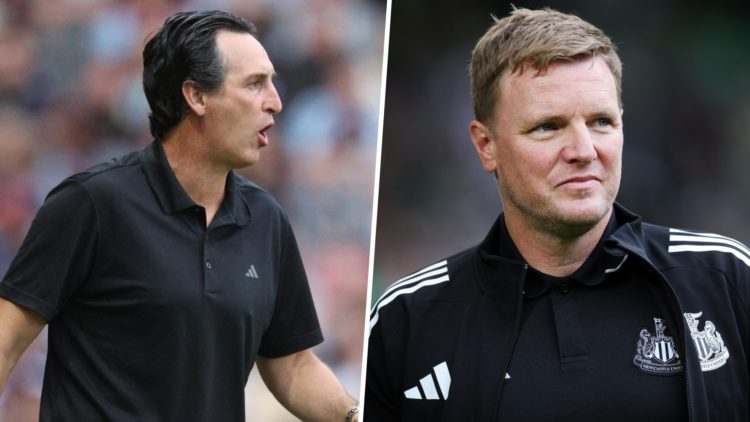 Unai Emery looks on during Aston Villa's pre-season friendly with AS Roma. Eddie Howe managing Newcastle United.