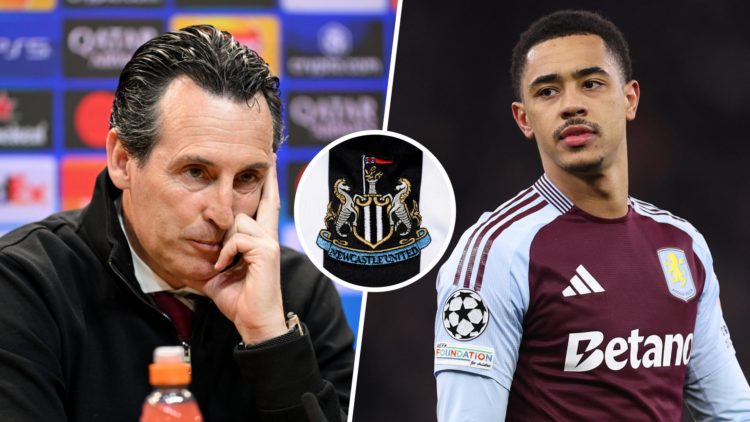 Unai Emery speaks during a UEFA press conference. Jacob Ramsey looks on during Aston Villa's Champions League game against Celtic. Inset: the Newca...