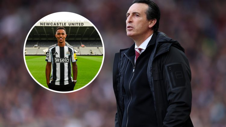 Unai Emery looks on during a Premier League game between Newcastle United and Aston Villa. Inset: Jacob Ramsey is unveiled as a Newcastle United pl...