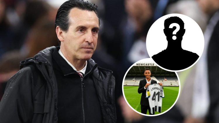 Unai Emery looks on during a Champions League game between Aston Villa and PSG. Inset: Newcastle United player Jacob Ramsey and a mystery player
