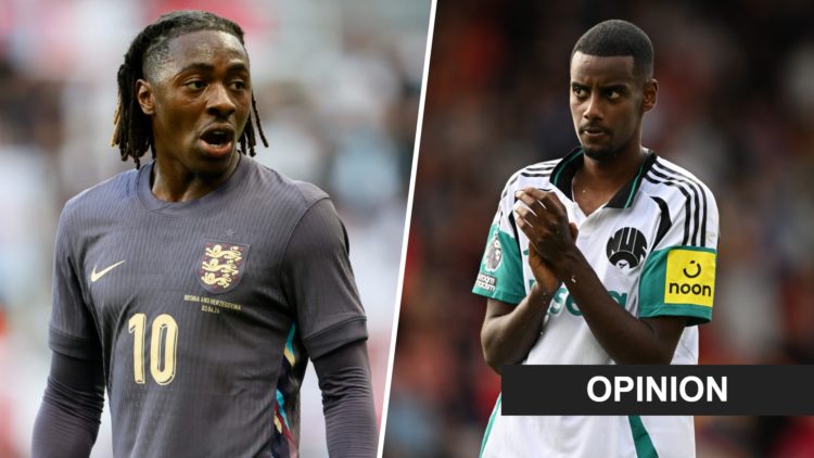 Eberechi Eze looks on during an international friendly between England and Bosnia & Herzegovina. Alexander Isak applauds the Newcastle United fans ...
