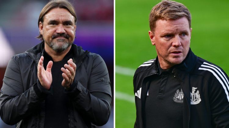Daniel Farke claps towards Leeds fans. Newcastle United manager Eddie Howe looks on.