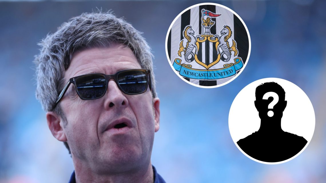 Noel Gallagher at Manchester City vs West Ham. Inset 1, Newcastle United badge. Inset 2, mystery person graphic.