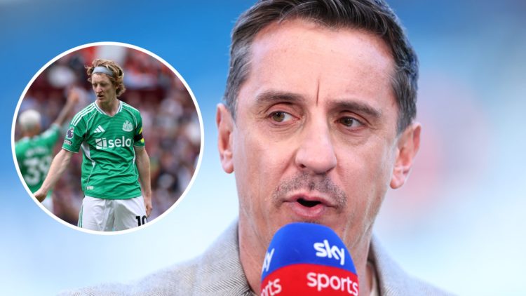 Gary Neville speaks to Sky Sports, Anthony Gordon reacts while playing for Newcastle United in the Premier League