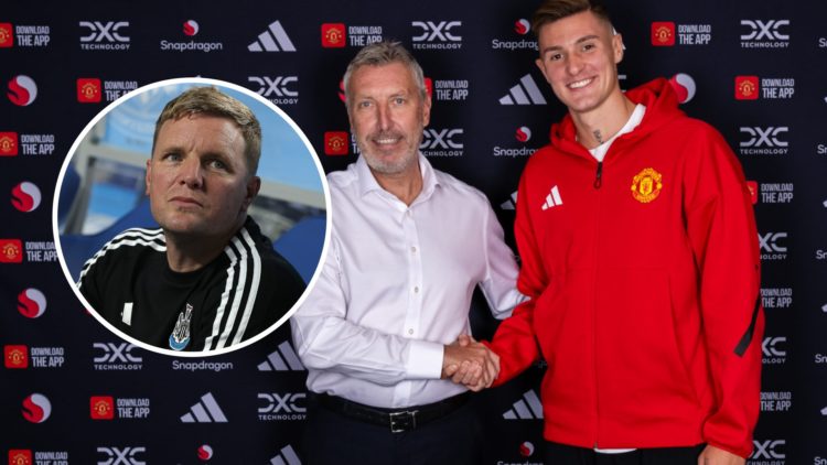 Benjamin Sesko shakes hands with Jason Wilcox after signing for Man Utd. Inset: Eddie Howe close up.