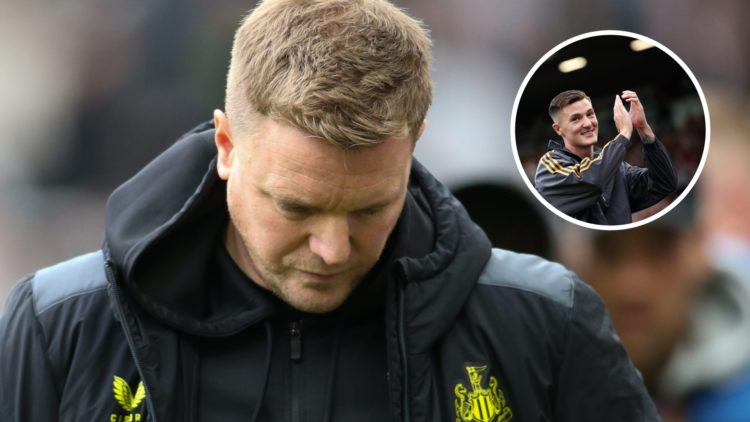 Eddie Howe is looking dejected during the Premier League match between Newcastle United and Bournemouth at St. James's Park. Inset: Manchester Unit...