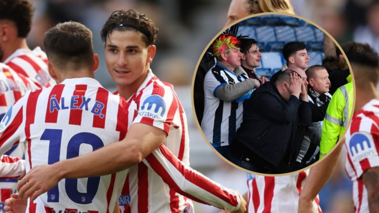 Julian Alvarez celebrates his goal vs Newcastle United with Atletico Madrid teammates. Inset: Angry Newcastle fans.