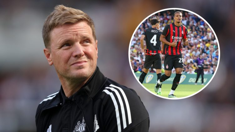Eddie Howe looks on before Newcastle United play Atletico Madrid. Inset, Malick Thiaw playing for AC Milan.