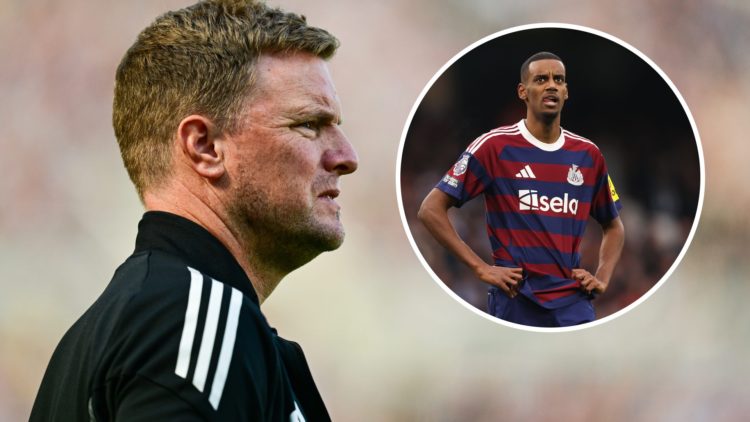 Side profile of Eddie Howe watching a Newcastle United game. Inset: Alexander Isak with his hands on his hips.