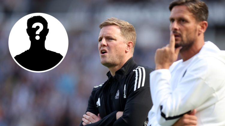 Inset, mystery person graphic. Eddie Howe and Jason Tindall look on during Newcastle United's pre-season friendly against Atletico Madrid.