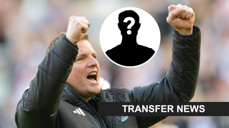 Eddie Howe celebrates after Newcastle United qualify for the Champions League. Inset, mystery person graphic.