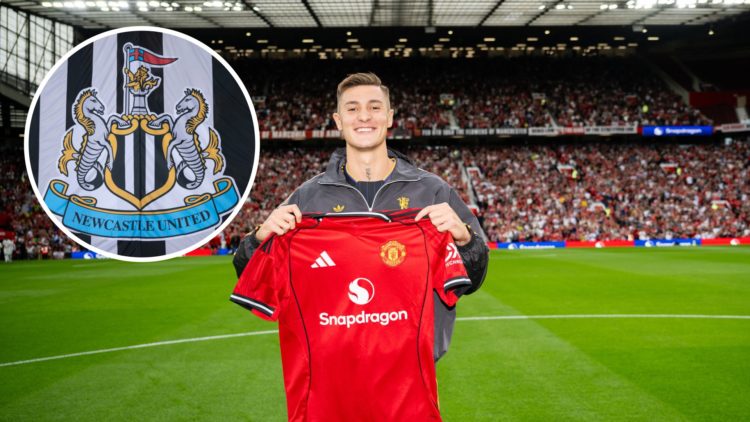Inset, Newcastle United crest. Benjamin Sesko poses with a Manchester United shirt.
