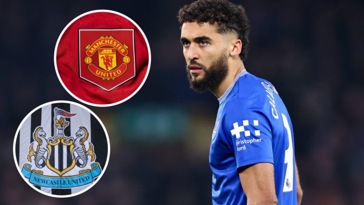 Inset, Manchester United badge. Inset 2, Newcastle United crest. Dominic Calvert-Lewin playing for Everton.