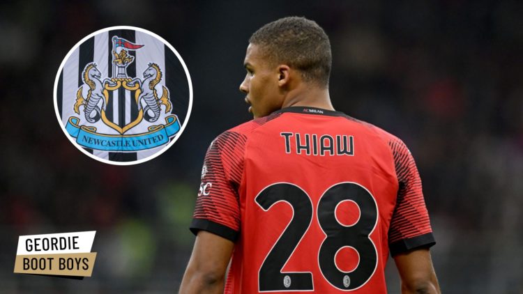 Malick Thiaw during a Serie A game between AC Milan and Juventus. Inset: the Newcastle United badge and the Geordie Boot Boys logo