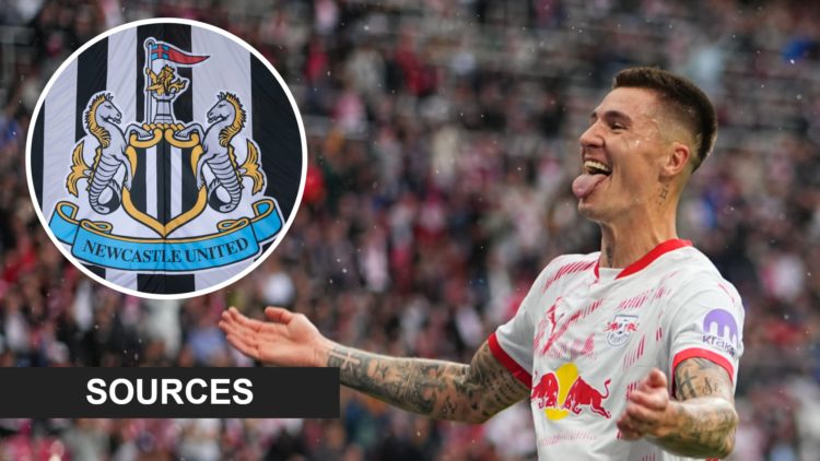 Inset, Newcastle United crest. Benjamin Sesko celebrates a goal for RB Leipzig.