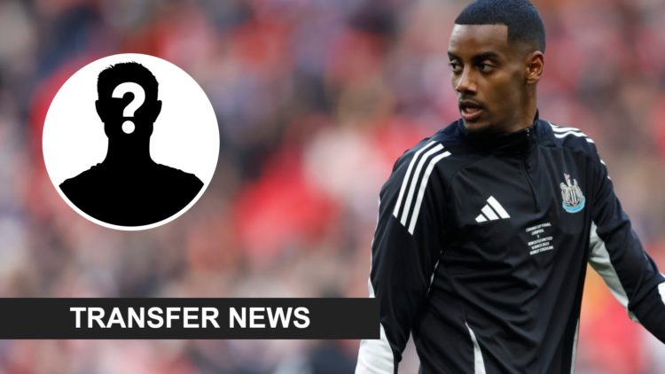 Inset, mystery person graphic. Alexander Isak warming up for Newcastle United.