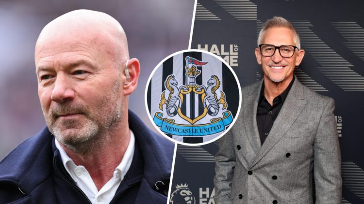 Alan Shearer doing punditry, Gary Lineker at a Premier League event, Newcastle United badge